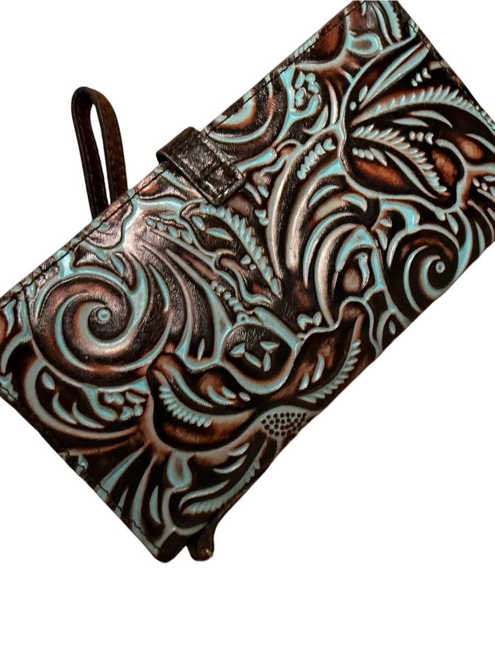 Tooled Floral Wristlet Clutch in Turquoise and Brown - Picture 2 of 3